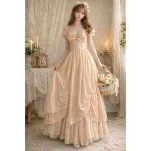 Vintage Gunne Sax Peach Stripe Bow Maxi Dress Prairie Romantic Cottagecore Rare